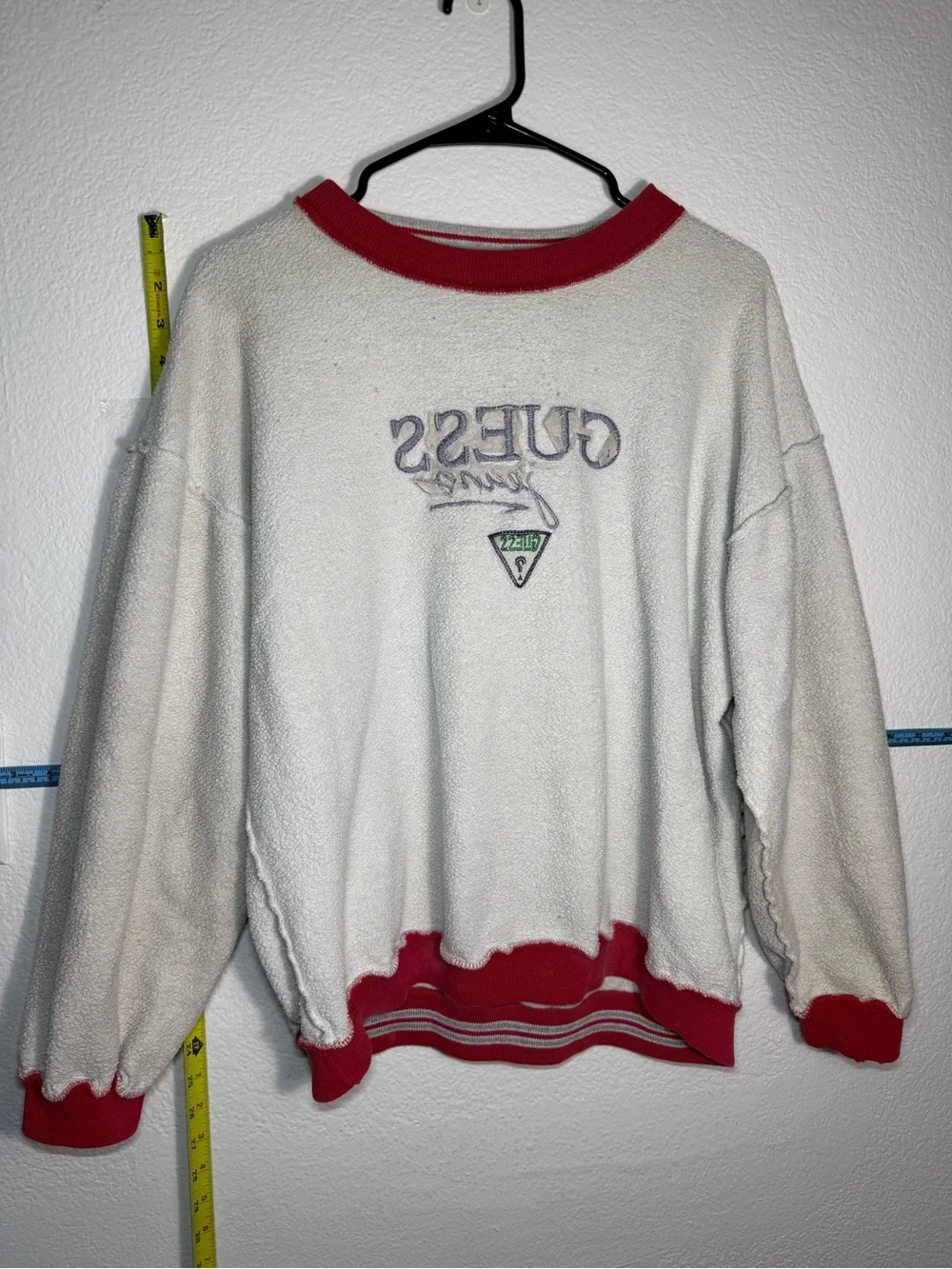 Guess Light Gray Crewneck Sweater with Red Trim